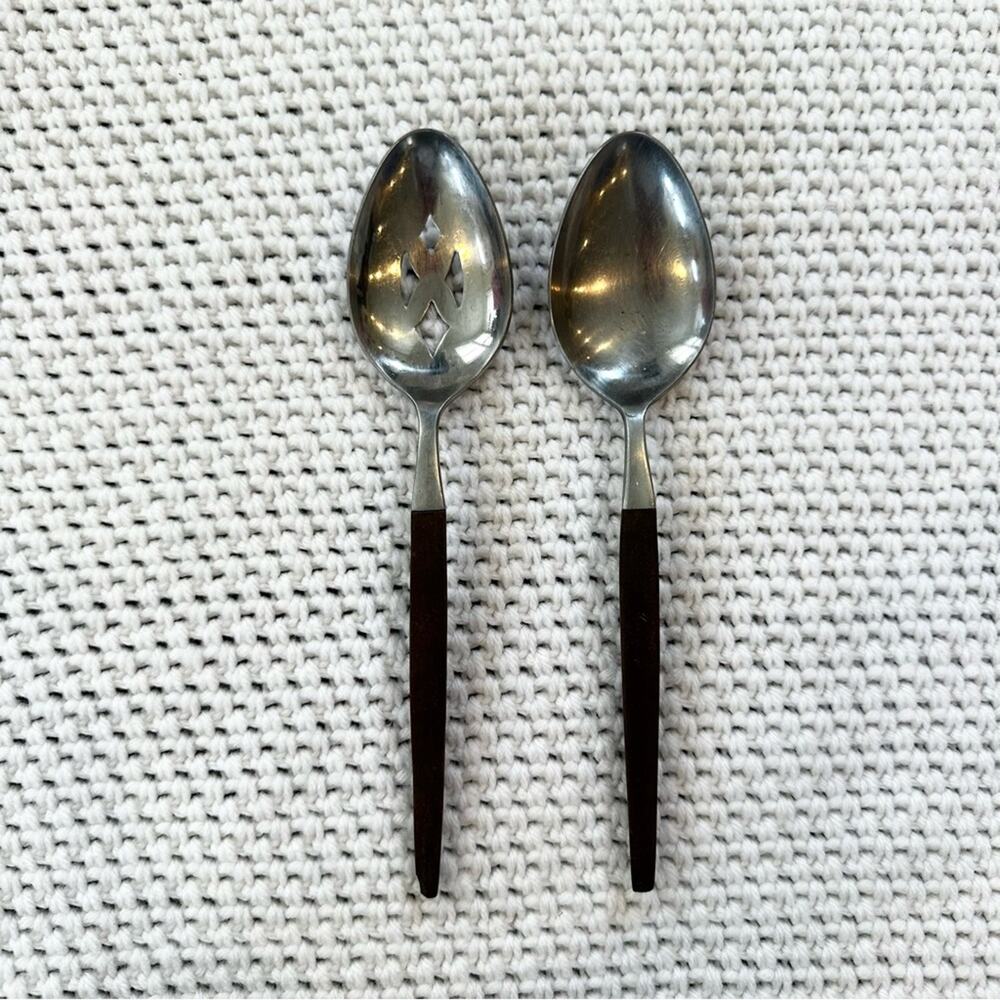 Ekco Eterna MCM Vintage Stainless Steel Wood Serving Spoons Slotted Replacement